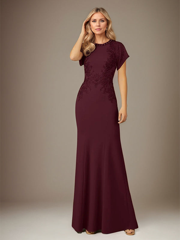 Cabernet Trumpet/Mermaid Stretch Crepe Scoop Neck Flutter Sleeve Floor Length Dress
