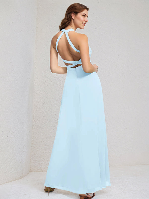 A-Linien-Himmelblaues Chiffon-Kleid mit Neckholder, ärmellos, bodenlang mit hohem Schlitz