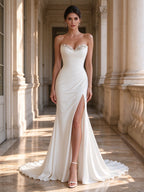 White Strapless Beaded Sweetheart Ruched Column Wedding Dress