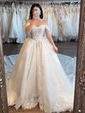 Off-the-Shoulder Corset Ball Wedding Gown with Floral Lace Appliques