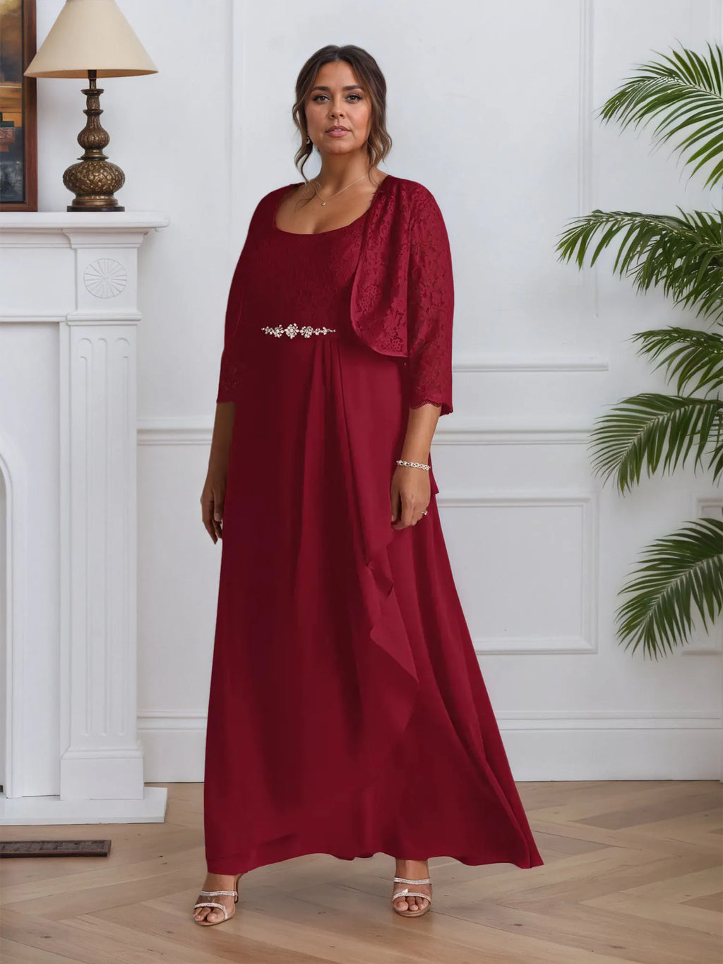Abito da madre della sposa in chiffon con pizzo, linea A e scollo quadrato
