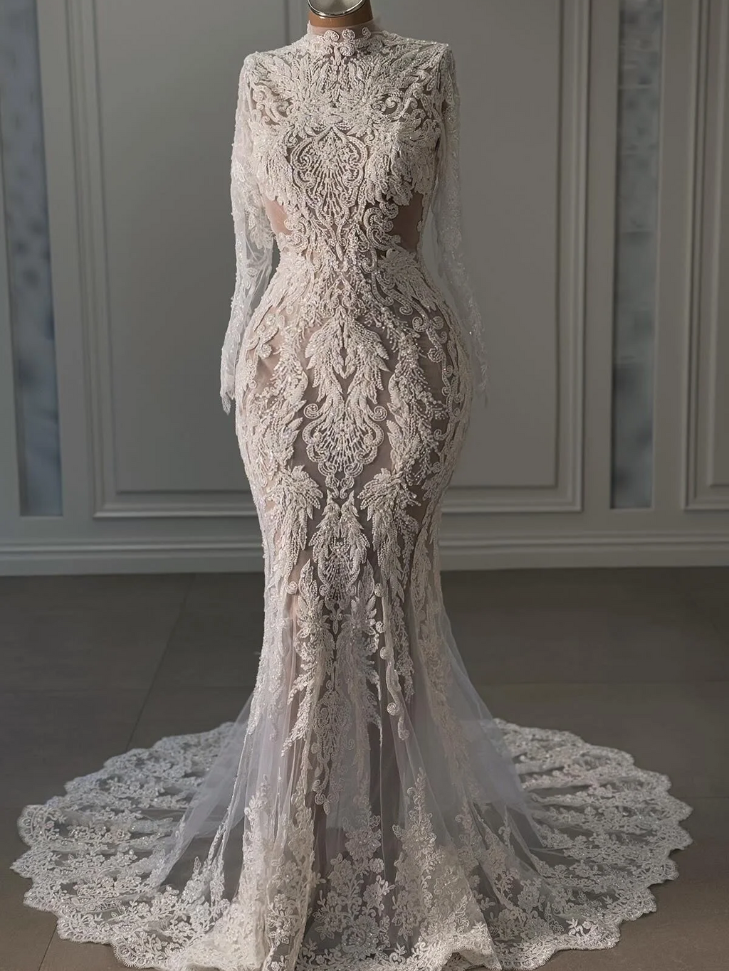 High Neck Long Sleeve Beaded Lace Mermaid Wedding Gown With Train