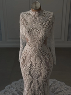 High Neck Long Sleeve Beaded Lace Mermaid Wedding Gown With Train