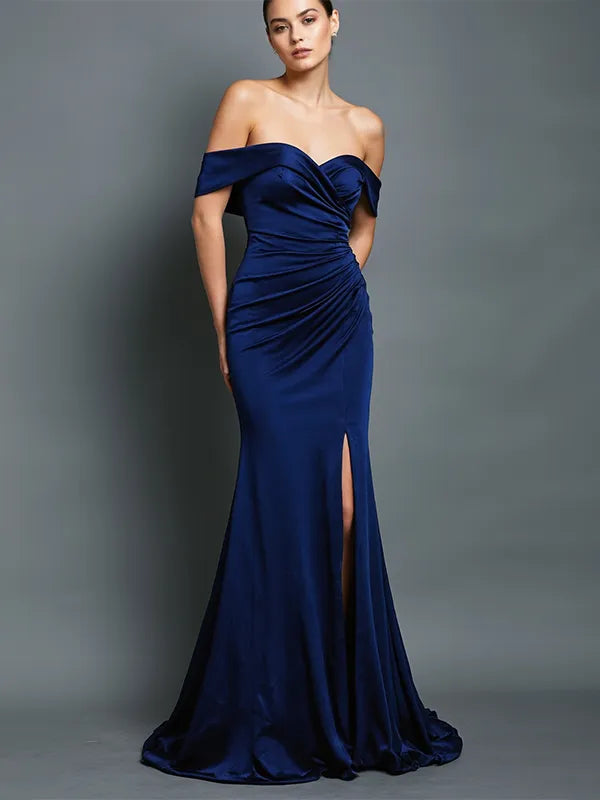 Evening Dress Navy High Slit  Strapless Mermaid