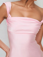 Pink Satin Asymmetrical Neckline Sleeveless Ankle Length Sheath Dress