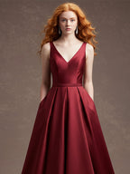Robe de bal longue en satin bordeaux fourreau/colonne à col en V