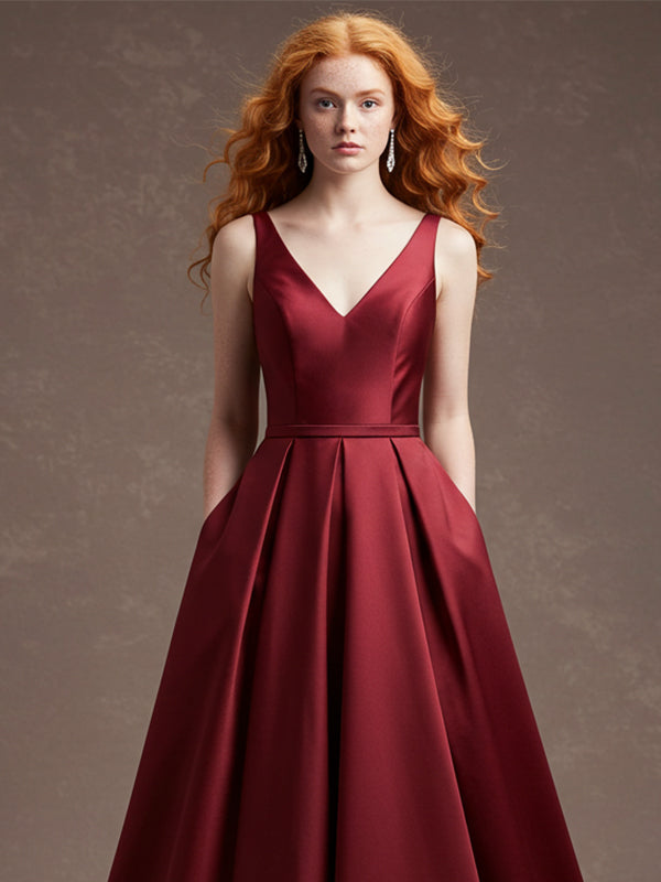 Robe de bal longue en satin bordeaux fourreau/colonne à col en V
