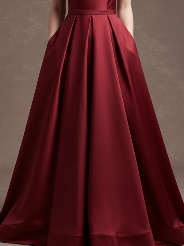 Robe de bal longue en satin bordeaux fourreau/colonne à col en V