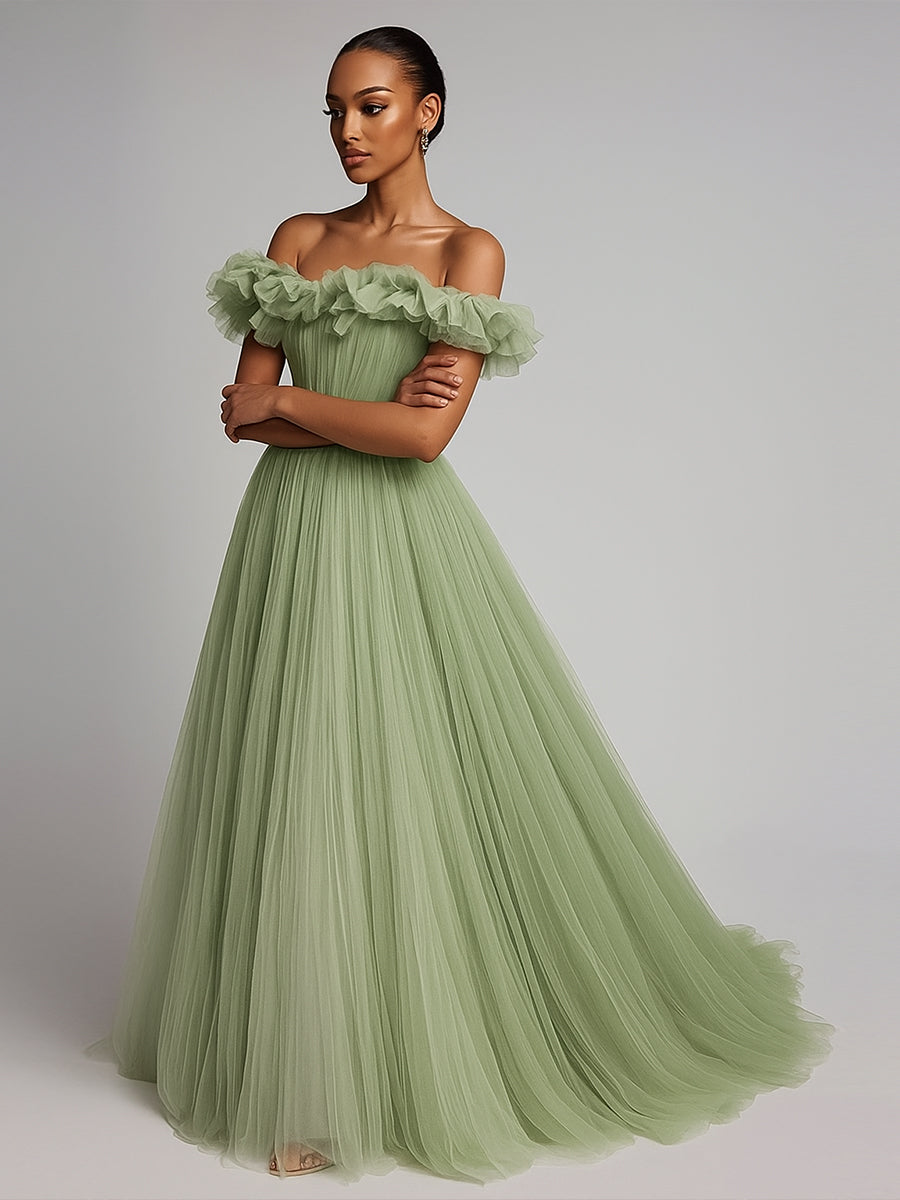Abito formale lungo a linea ad A in tulle plissettato con volant