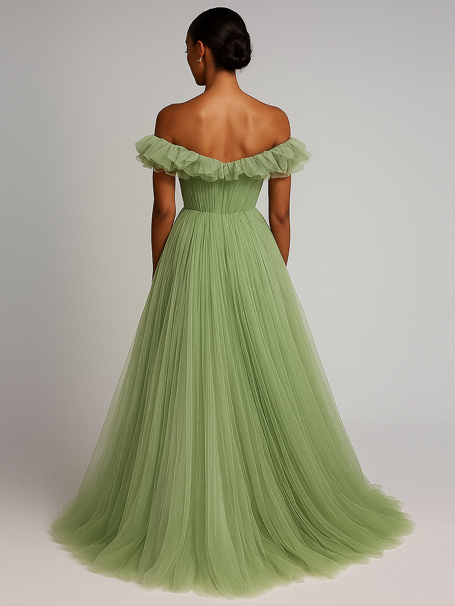 Abito formale lungo a linea ad A in tulle plissettato con volant