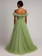 Abito formale lungo a linea ad A in tulle plissettato con volant