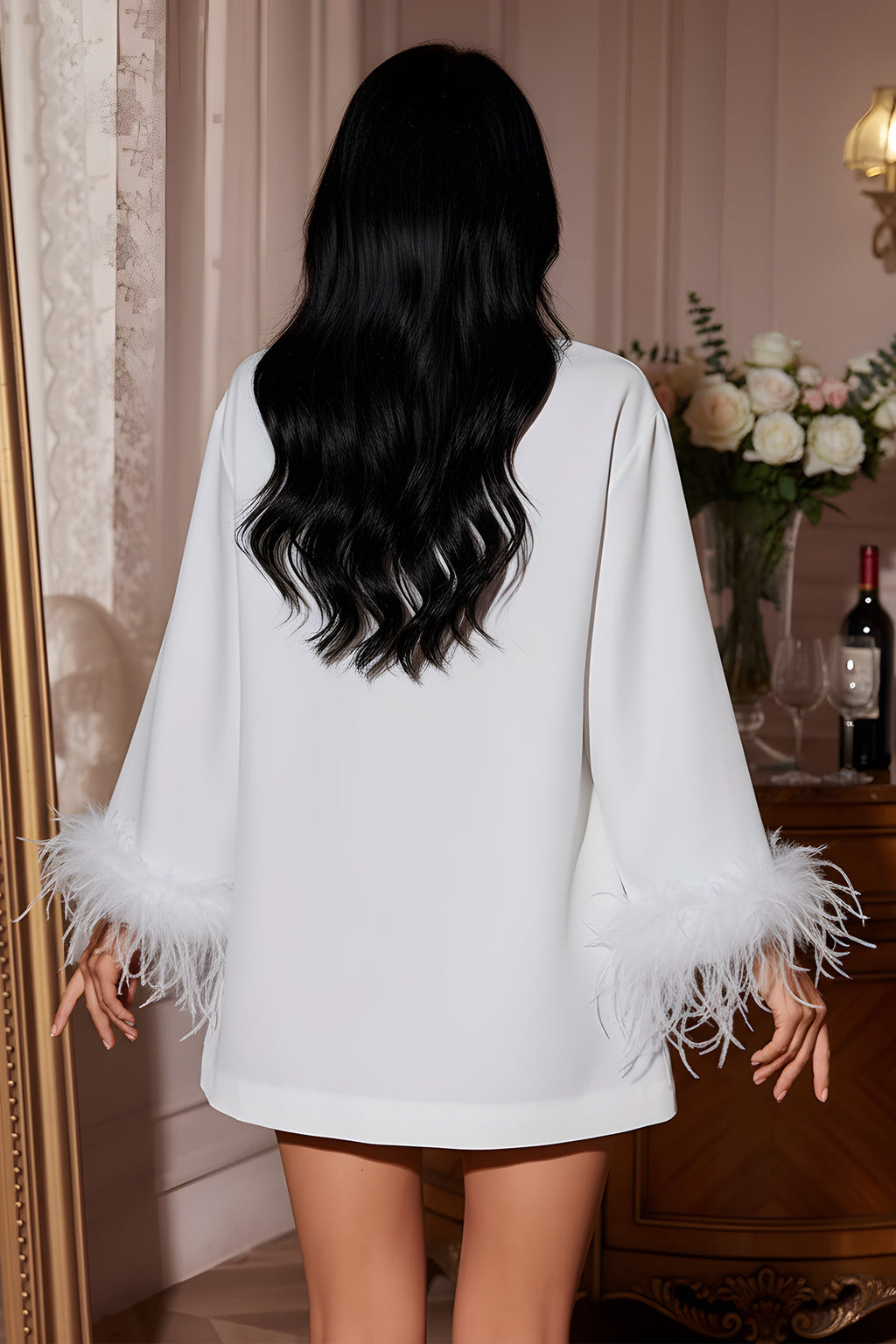 Chic Collared Mini Dress with Feather Cuffs and Tie Detail