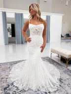 Spaghetti Straps Mermaid Appliqued Wedding Dress With Lace Train