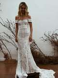 Bohemian Full Geometric Lace Off Shoulder Mermaid Wedding Dress With Flowing Train
