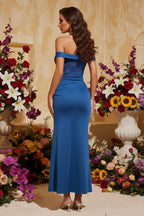 Elegant Off-Shoulder Lace Bodice Gown with Ruched Skirt