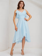Sky Blue Chiffon A Line V Neck Sleeveless Asymmetrical Bridesmaid Dress