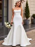 Simple Ivory Mermaid Satin Strapless Sweep Train Wedding Dress