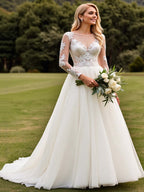 Ivory A Line Boat Neck Long Sleeves Sweep Train Wedding Dress with Lace