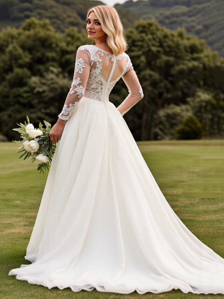 Ivory A Line Boat Neck Long Sleeves Sweep Train Wedding Dress with Lace