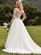 Ivory A Line Boat Neck Long Sleeves Sweep Train Wedding Dress with Lace