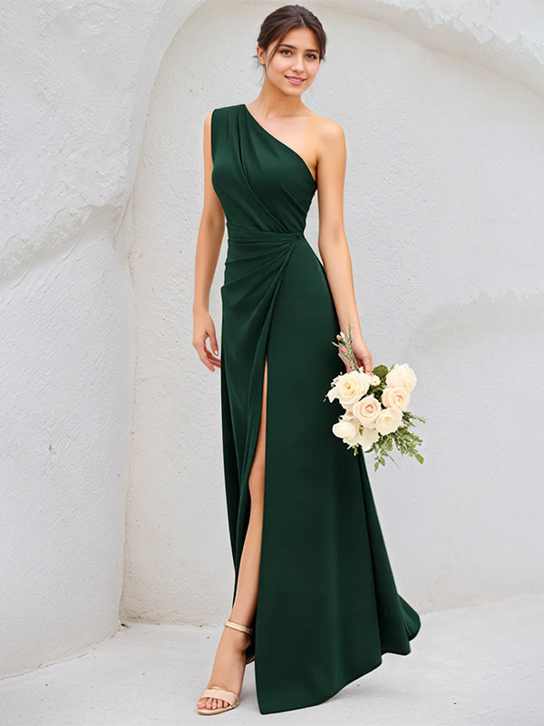 Dark Green A-Line Satin One-Shoulder Floor-Length Pleated Bridesmaid Dress With High Slit