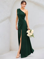 Dark Green A-Line Satin One-Shoulder Floor-Length Pleated Bridesmaid Dress With High Slit