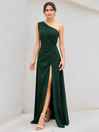 Dark Green A-Line Satin One-Shoulder Floor-Length Pleated Bridesmaid Dress With High Slit