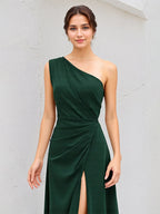 Dark Green A-Line Satin One-Shoulder Floor-Length Pleated Bridesmaid Dress With High Slit