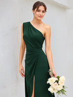 Dark Green A-Line Satin One-Shoulder Floor-Length Pleated Bridesmaid Dress With High Slit