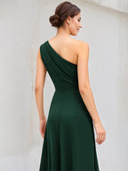 Dark Green A-Line Satin One-Shoulder Floor-Length Pleated Bridesmaid Dress With High Slit