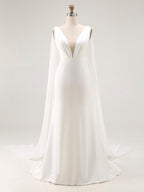 Elegant Ivory Satin Watteau Train V Neck Mermaid Wedding Dress