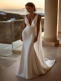 Elegant Ivory Satin Watteau Train V Neck Mermaid Wedding Dress