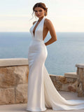 Ivory Satin Sweep Train Mermaid Halter Wedding Dress