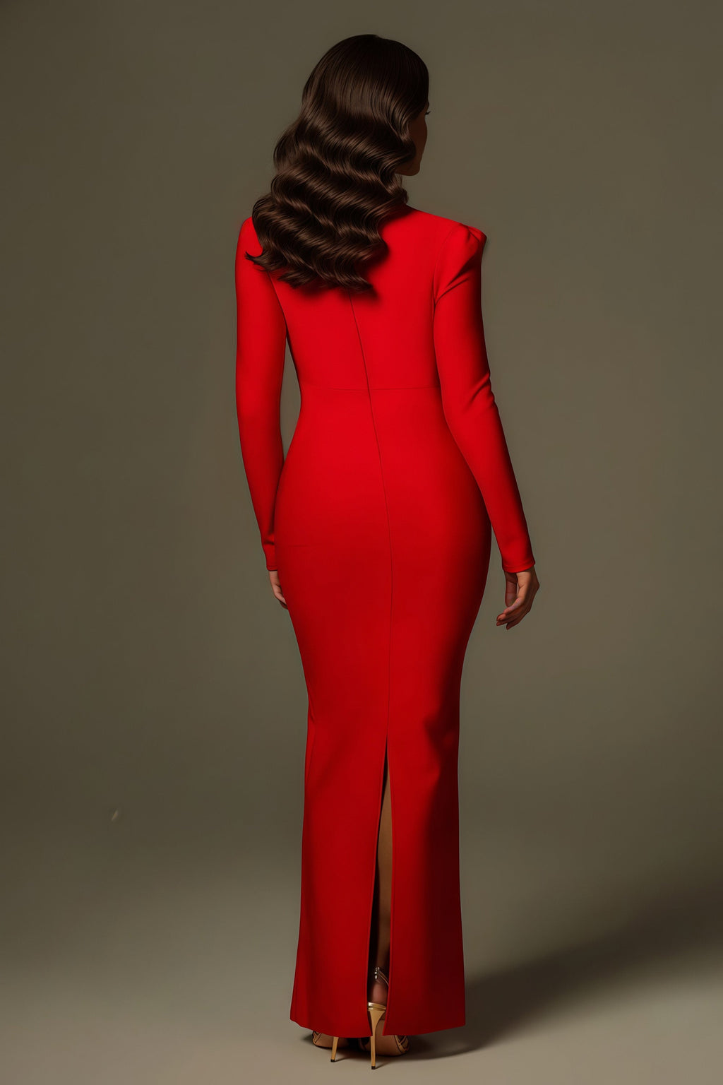 Long Sleeve Column Gown with Sculptural Rose and Cutout