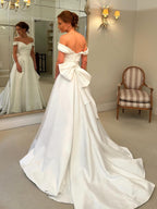 Simple A-Line Bow Off the Shoulder Satin Wedding Gown