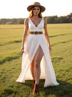 White V-Neck Sweep Train A Line Boho Western Wedding Dress with Slit