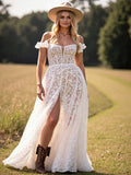 White Corset Lace A Line Sweep Train Boho Western Wedding Dress with Slit