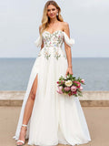 Ivory A Line Floral Sweep Train Chiffon Wedding Dress with Slit
