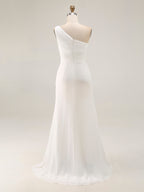 Ivory Chiffon One Shoulder Ruched Beach Maxi Engagement Dress with Slit