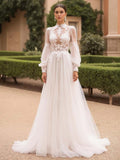 Vintage High Neck Long Sleeves Ivory Sweep Train Wedding Dress with Lace