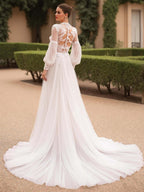Vintage High Neck Long Sleeves Ivory Sweep Train Wedding Dress with Lace