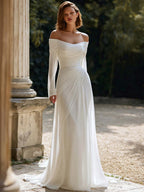 Ivory Sheath Chiffon Ruched Sweep Train Off the Shoulder Wedding Dress
