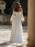 Simple Ivory Chiffon Sweep Train Ruched Wedding Dress with Sleeves