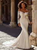 Ivory Long Sleeves Satin Sweep Train Mermaid Wedding Dress