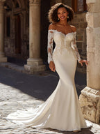 Ivory Long Sleeves Satin Sweep Train Mermaid Wedding Dress