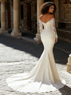 Ivory Long Sleeves Satin Sweep Train Mermaid Wedding Dress