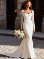 White Mermaid Scoop Neck Long Wedding Dress with Lace