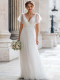 Ivory V-Neck A Line Tulle Floor-Length Wedding Dress with Sleeves
