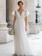 Ivory V-Neck A Line Tulle Floor-Length Wedding Dress with Sleeves
