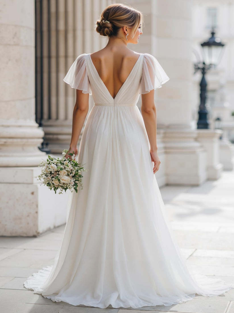 Ivory V-Neck A Line Tulle Floor-Length Wedding Dress with Sleeves